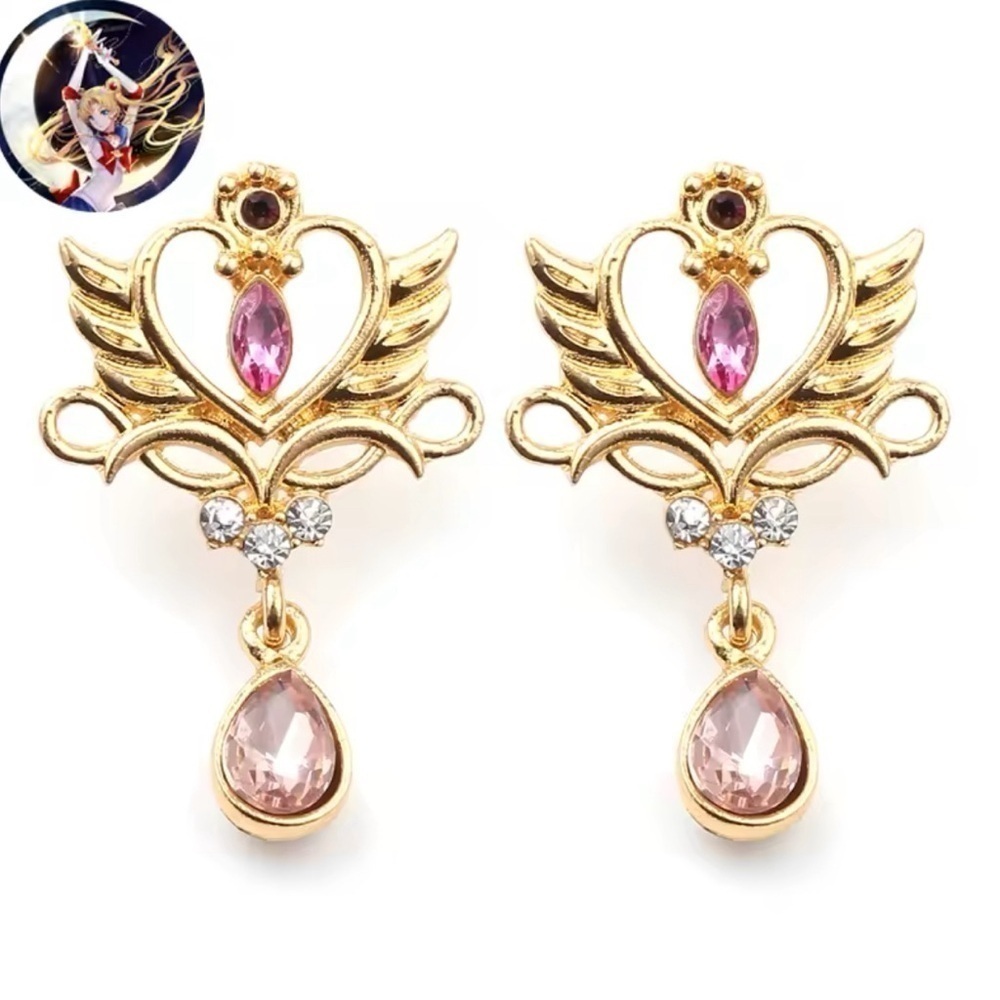3 For $35 Sailor Moon Theme Post Drop Dangle Gold Tone With Pink CZ Earrings